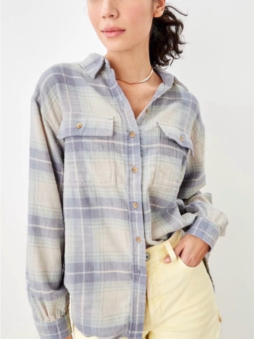 American Eagle Outfitters Pastel Blue and Cream Plaid Button-Down Shirt